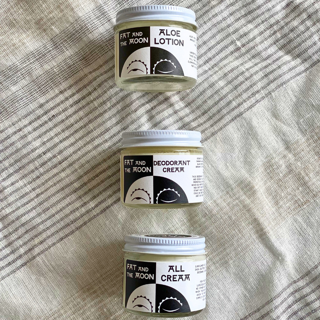 Fat and the Moon Natural Skincare products; Aloe Lotion, All Cream, and Deodorant Cream