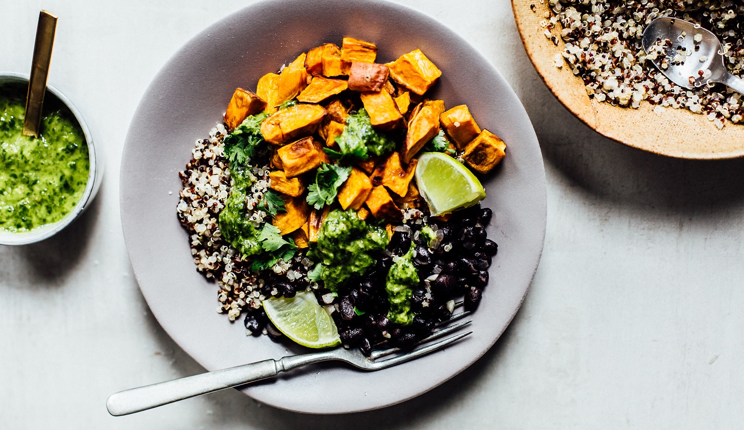 Image for Budget Cooking: Quinoa, Black Bean & Sweet Potato Bowls with Green Sauce